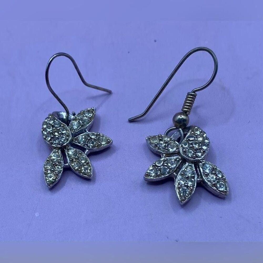 Silver Tone Crystal Flower Dangle Drop Earrings Womens Hook Rhinestone